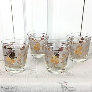 Vintage frosted drinking glasses w gold pine cones